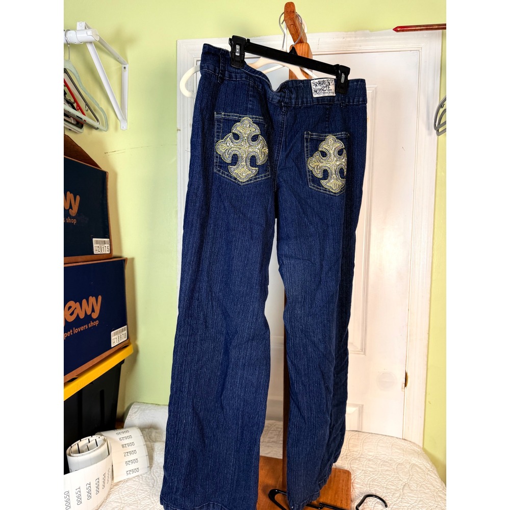 Que Hermosa Womens Plus Size 20 Dark Wash Cross Embroidered Wide Leg Jeans Y2K